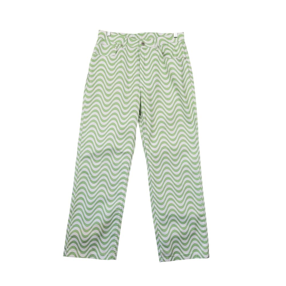 Ragged Jeans Womens 32 Green White Wavy Wide Leg Jeans Y2K Retro Psychedelic
